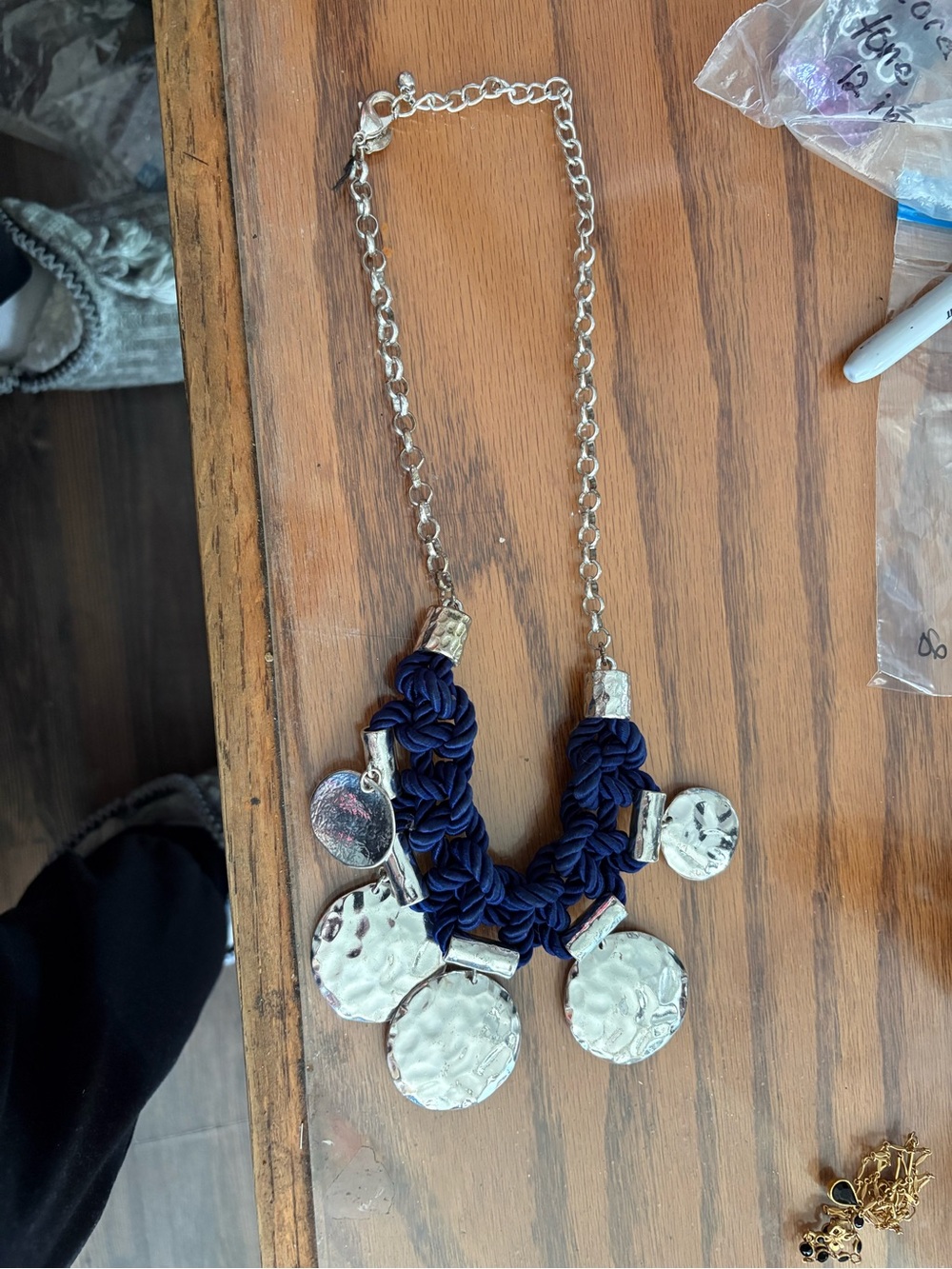 Navy Rope Statement Necklace with Silver Disc Charms 12 inches